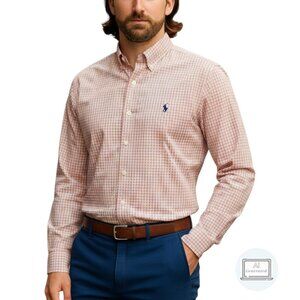 Ralph Lauren Mens Custom Fit Shirt Peach Blue Plaid Button Down Collar Size L